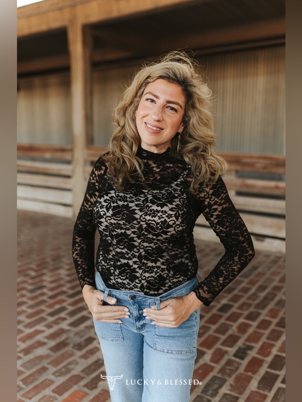 Lucky & Blessed Black Floral Lace Mock Neck Long Sleeve Top